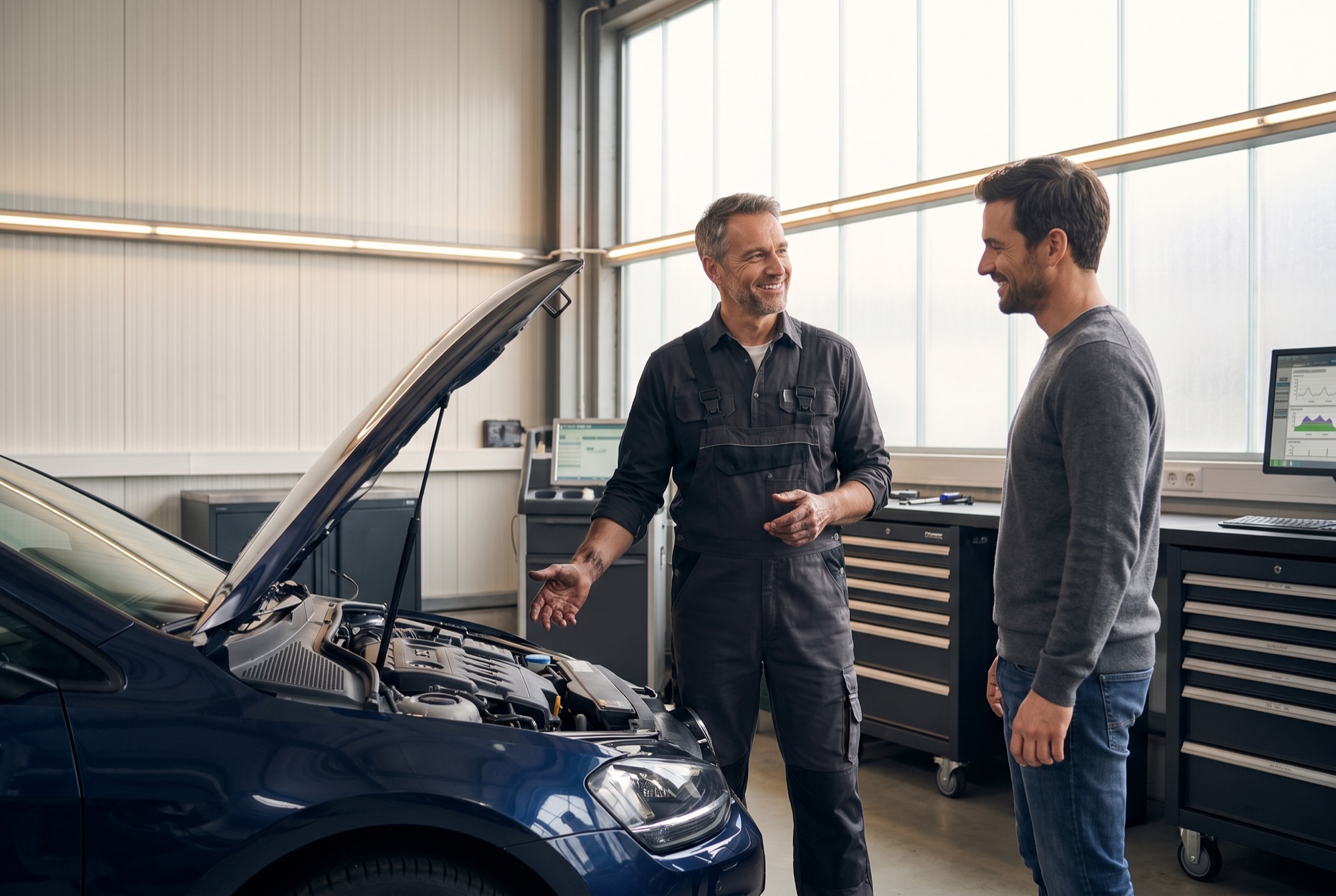 Mechaniker berät einen Kunden am Fahrzeug