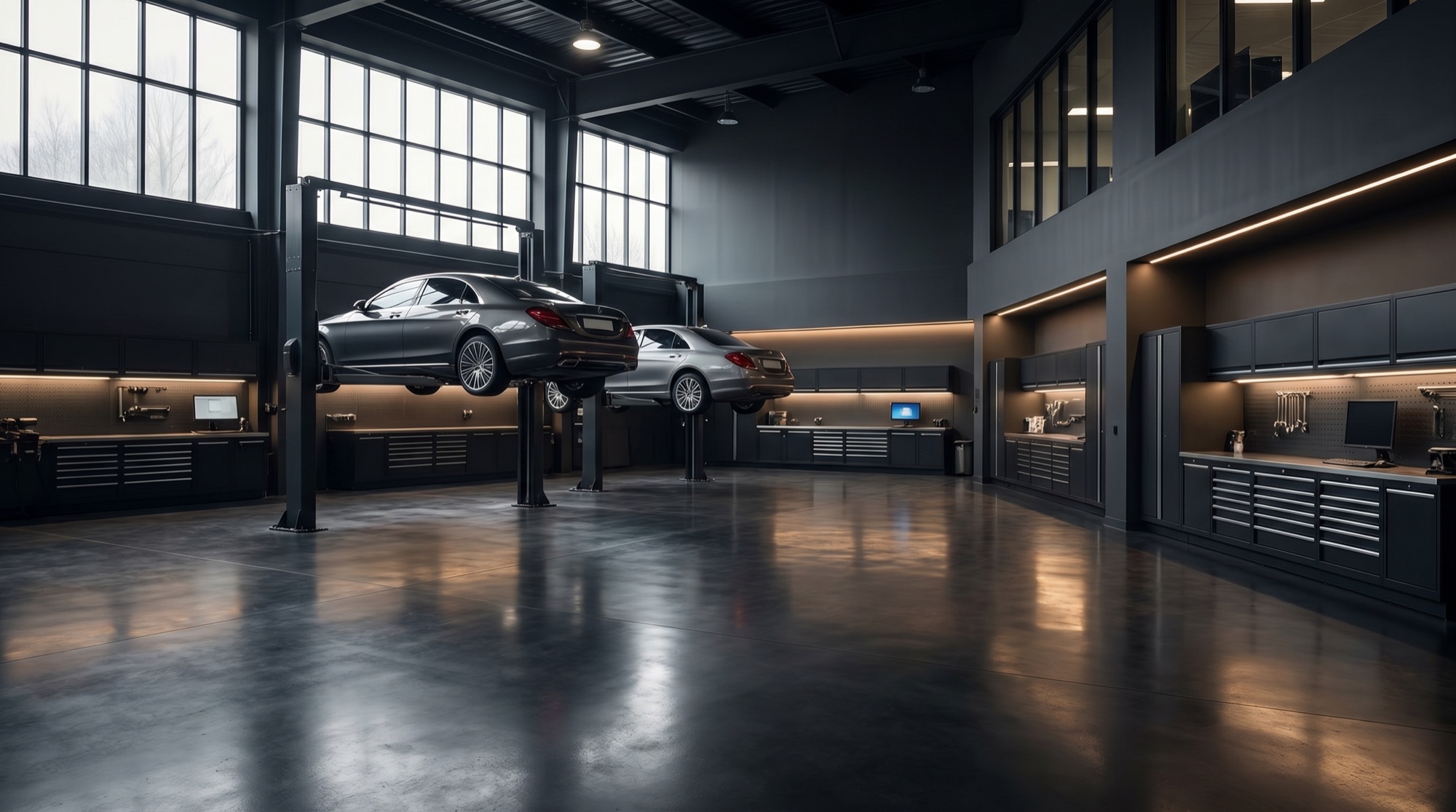 Moderne Werkstatthalle mit Fahrzeugen auf Hebebühnen